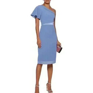 NWT Mikael Aghal One-Shoulder Satin-Trimmed Midi Dress in Periwinkle Blue